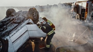 rescuers at truck accident scene